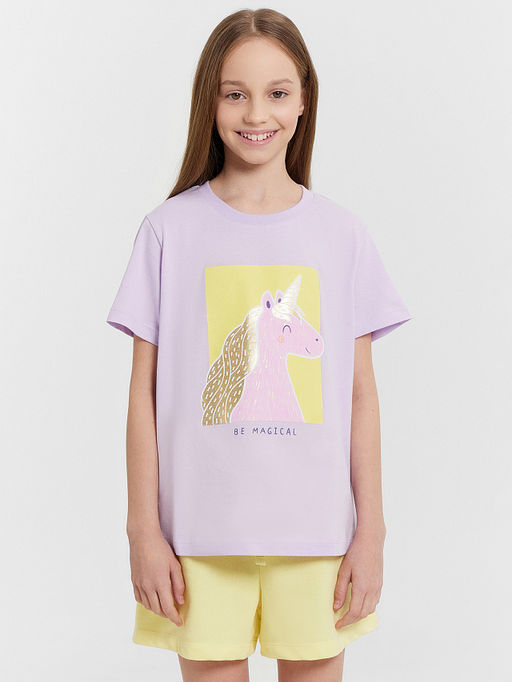Футболка для девочек лиловая с принтом "единорог"
