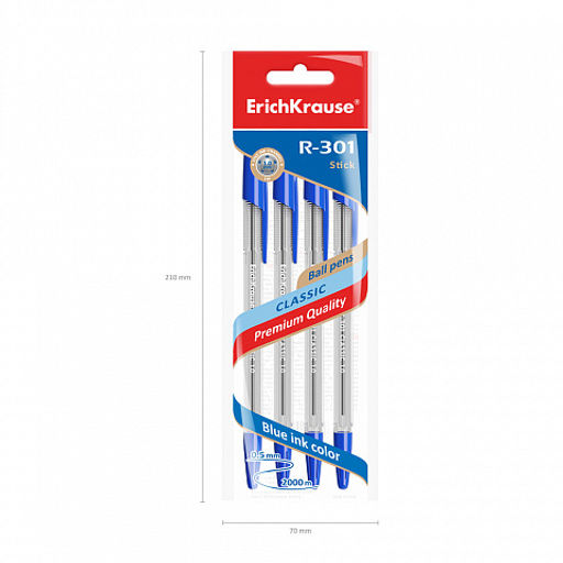 Цена за 24 шт. Набор из 4 ручек шариковых ErichKrause R-301 Stick Classic 1.0, цвет чернил: синий, черный, красный, зеленый (в пакете)
