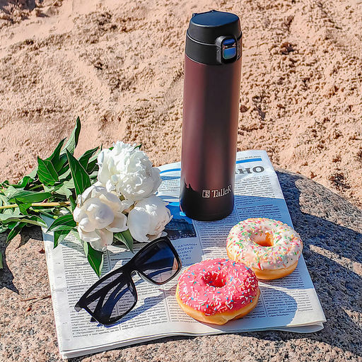 Термос из нержавеющей стали с узкой горловиной 0,5л "Брис" h25см, горло д5см, клапан, герметичная силиконовая пробка, кнопка блокировки, покрытие - фиолетовое, матовое, "TalleR" (Китай)