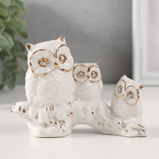 Фигурка керамика «Три белых филина на коряге», с золотом, стразы, 3.8×11×8.5 см