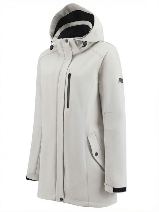 Парка женская софтшелл виндстоппер удлинённая с капюшоном белого цвета 9618_1Bl