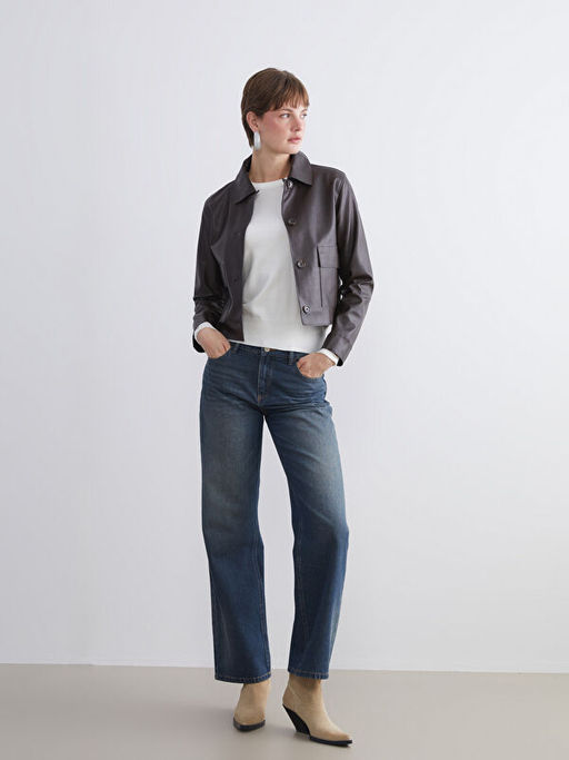 G?mlek Yaka Kad?n Deri G?r?n?ml? Ceket