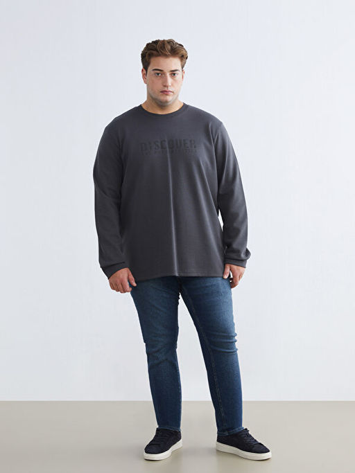 B?y?k Beden Bisiklet Yaka Bask?l? Erkek Sweatshirt