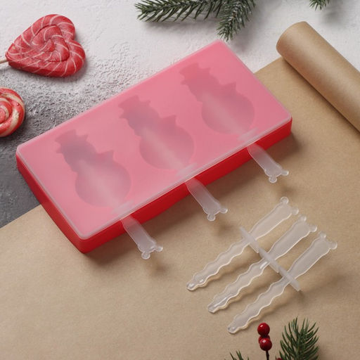 Форма для мороженого новогодняя Доляна Снеговик, силикон, 18?9?2 см, 3 ячейки, с палочками, красная