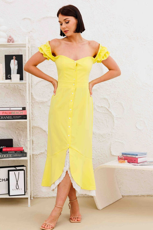 Платье AURA 3265-164-Р лимонный+молочное кружево