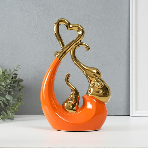 Фигурка керамика Слоники с сердцем. Абстракция, оранжевый с золотом, 7?18.5?25.5 см