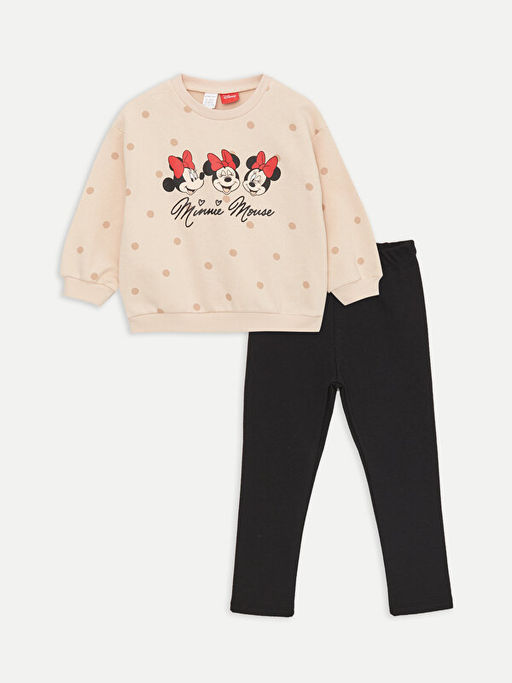Bisiklet Yaka Uzun Kollu Minnie Mouse Bask?l? K?z Bebek Sweatshirt ve Tayt 2li Tak?m