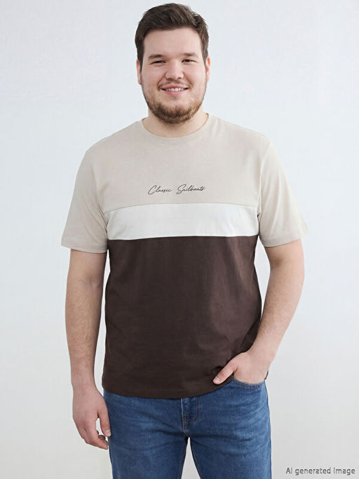 Bisiklet Yaka Renk Bloklu Penye Erkek Ti??rt