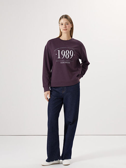 Bisiklet Yaka Bask?l? Kad?n Sweatshirt