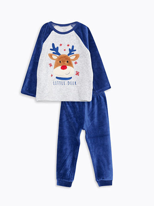 Bisiklet Yaka Uzun Kollu Nak?? Detayl? Erkek Bebek Kadife Pijama Tak?m?