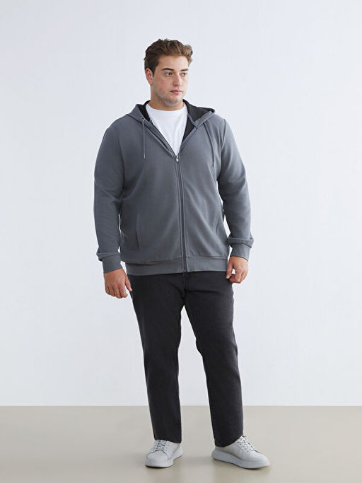 Standart Kal?p Kap??onlu Erkek Fermuarl? Sweatshirt