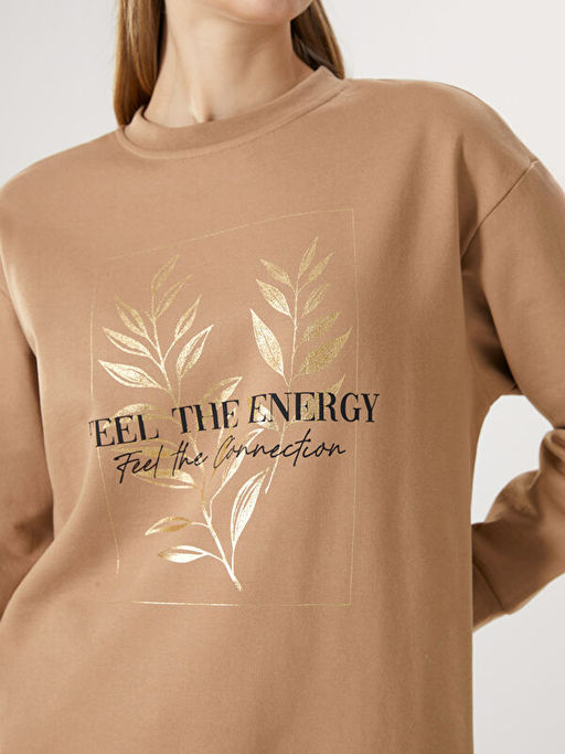 Bisiklet Yaka Bask?l? Oversize Kad?n Kal?n Sweatshirt