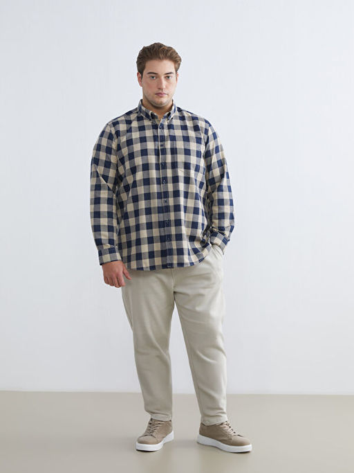 B?y?k Beden Regular Fit Uzun Kollu Ekose Gabardin Erkek G?mlek