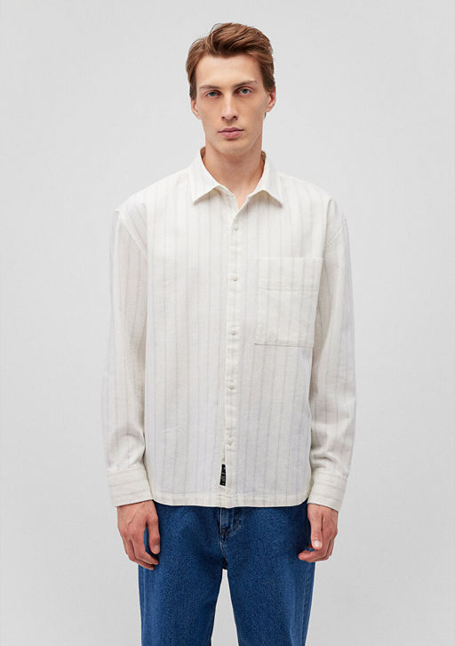 Cizgili Beyaz Gomlek - Mavi фото 3