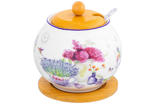 Сахарница 620 мл 11*11*12 см Лаванда + ложка + дер. крышка на дер. подставке NEW BONE CHINA - Elan gallery фото 9