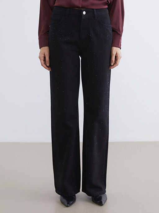 Ta? Detayl? Wideleg Kad?n Jean Pantolon