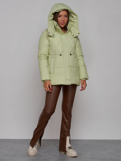 Зимняя женская куртка модная с капюшоном салатового цвета 52302Sl