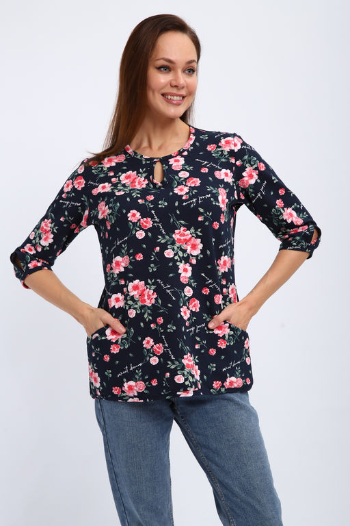 Кофта женская из футера 2-н Анфиса цветы на синем