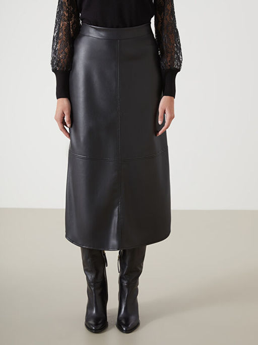 Standart Fit D?z Deri G?r?n?ml? Kad?n Etek