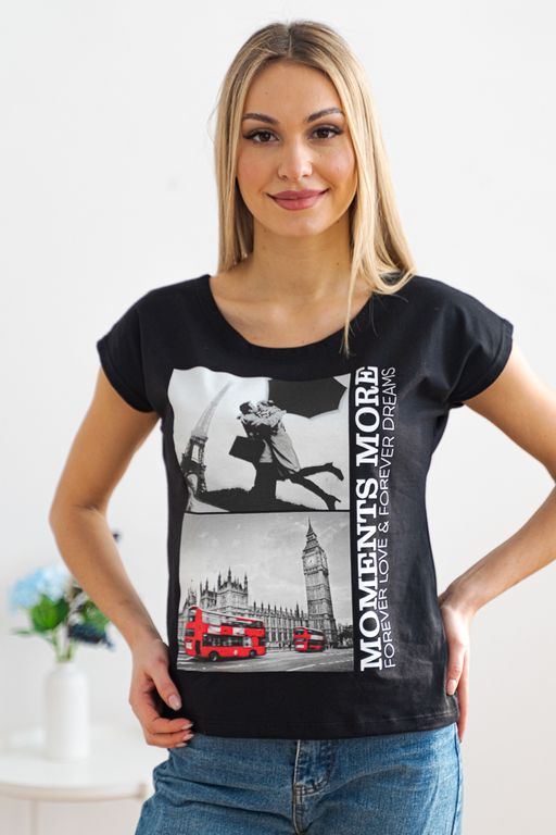 Футболка женская со спущенным плечом из кулирки Лира черный с принтом Moments - Амадэль фото 4