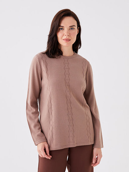 Bisiklet Yaka Kendinden Desenli Uzun Kollu Kad?n Triko Kazak