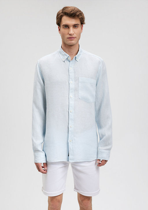 Keten Kar?s?ml? Mavi Gomlek  фото 3