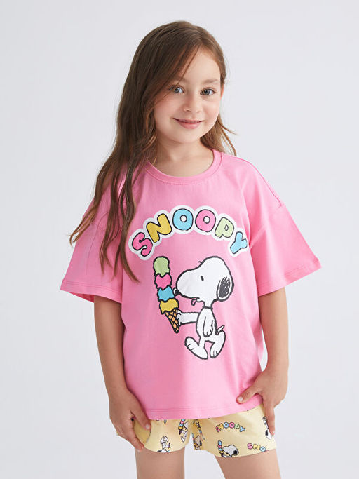 Bisiklet Yaka Snoopy Bask?l? K?z ?ocuk ?ortlu Pijama Tak?m?