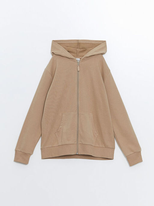 Kap??onlu Basic Uzun Kollu K?z ?ocuk Fermuarl? Sweatshirt