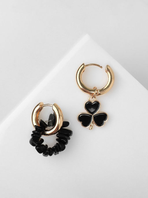 Серьги со съёмным элементом «Трансформер» клевер-сердце, цвет чёрный в золоте