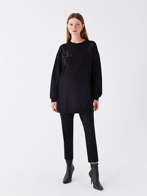 Bisiklet Yaka Payet ??lemeli Uzun Kollu Oversize Kad?n Tunik