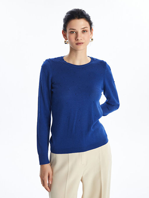 Bisiklet Yaka Kendinden Desenli Uzun Kollu Kad?n Triko Kazak