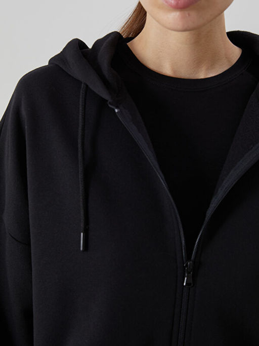 Kap??onlu Oversize Kad?n Kal?n Fermuarl? Sweatshirt