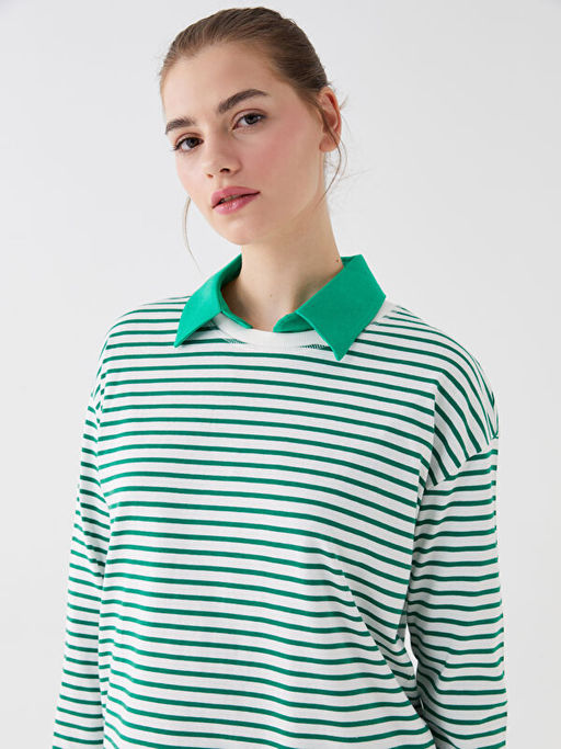 Bisiklet Yaka ?izgili Uzun Kollu Kad?n Sweatshirt