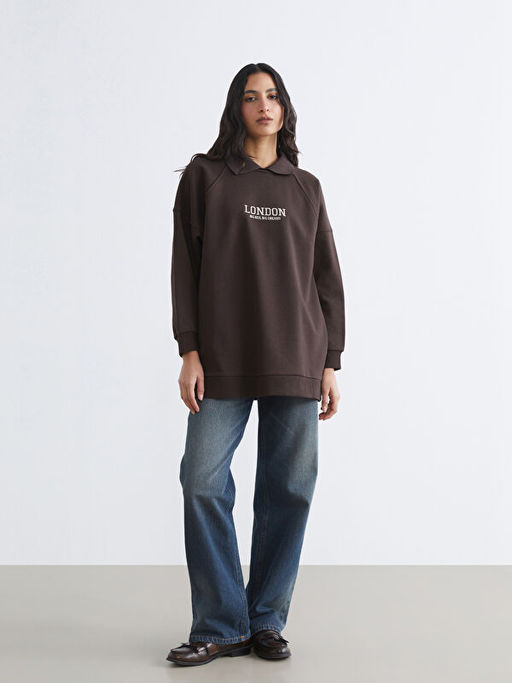 London Nak??l? Kad?n Kal?n Sweatshirt Tunik