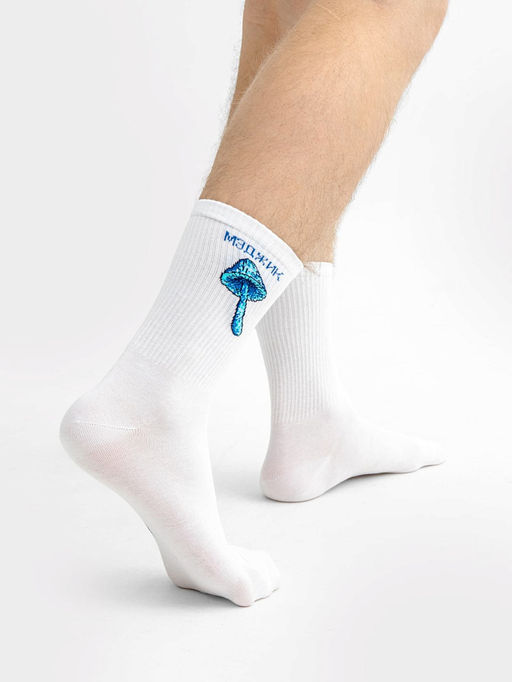 Цена за 5 пар! Носки мужские белые с рисунком в виде надписи и гриба - Mark formelle фото 2