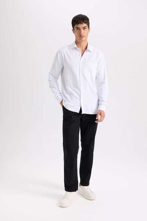 Мужская белая хлопковая базовая рубашка обычного кроя с длинными рукавами и обычным кроем - Defacto фото 2