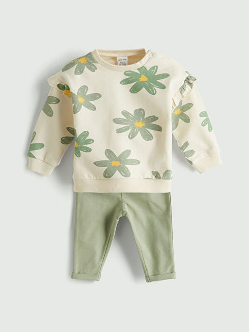 ?i?ekli K?z Bebek Sweatshirt ve Pantolon 2li Tak?m