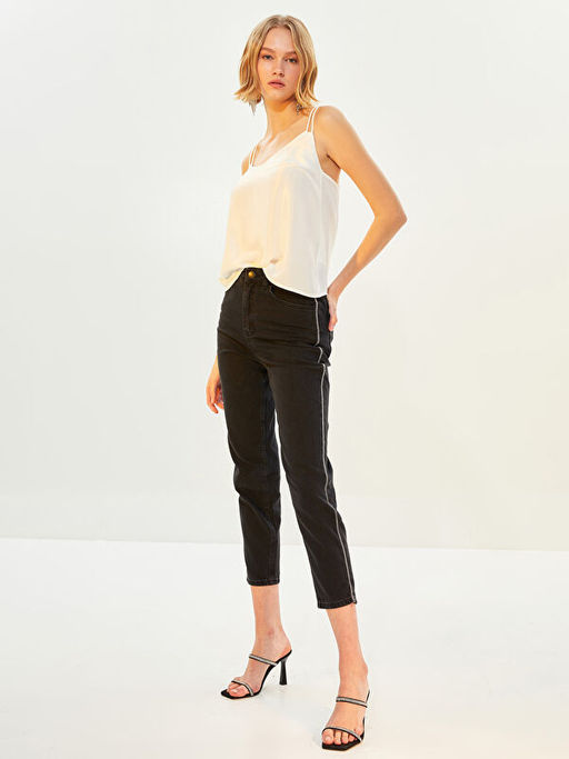 Y?ksek Bel Mom Fit ?erit Detayl? Rodeo Kad?n Jean Pantolon