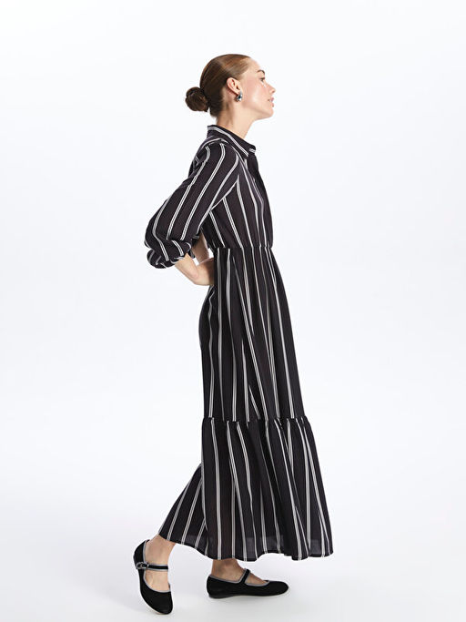 G?mlek Yaka ?izgili Uzun Kollu Elbise