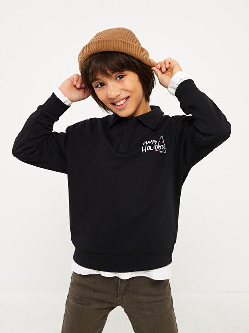 Polo Yaka Bask?l? Uzun Kollu Erkek ?ocuk Sweatshirt - Waikiki фото 2