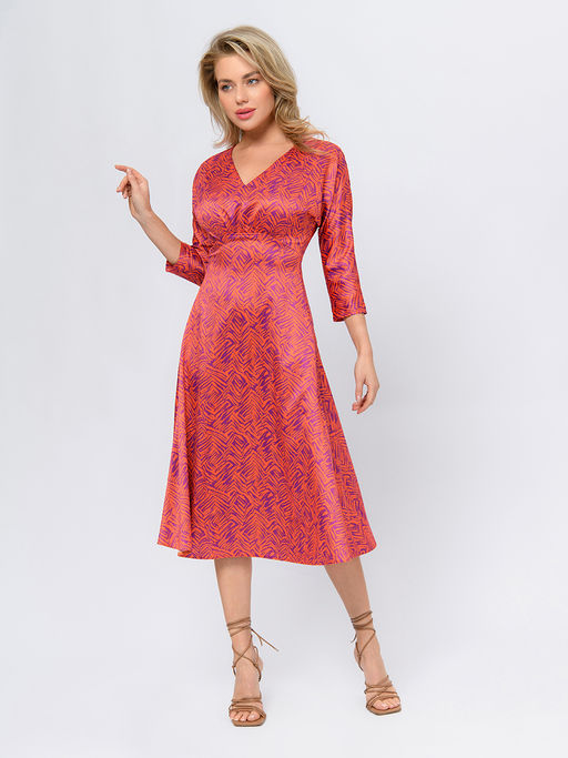 Платье оранжевого цвета длины миди с принтом и V-образным вырезом - 1001dress фото 2