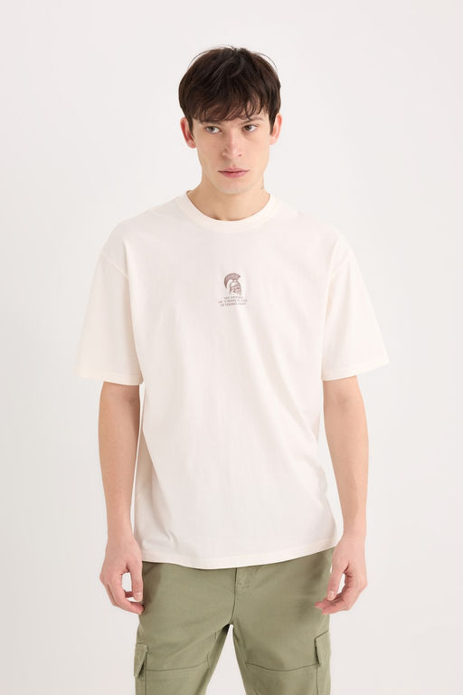 %100 Pamuk Boxy Fit Bisiklet Yaka S_rt Bask_l_ K_sa Kollu Ti__rt - Defacto фото 3
