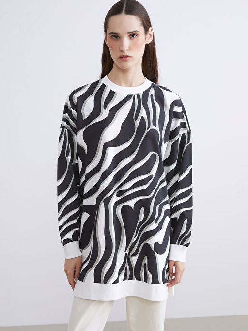 Bisiklet Yaka Desenli Kad?n Sweatshirt Tunik