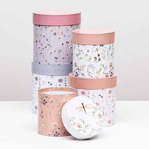 Набор круглых подарочных коробок 5 в 1 Мини - цветы, 20?20 - 14?14 см