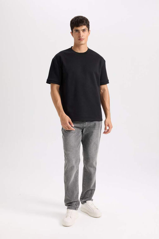 Oversize Genis Kal?p Bisiklet Yaka Basic Duz K?sa Kollu Ag?r Kumas Tisort - Defacto фото 4