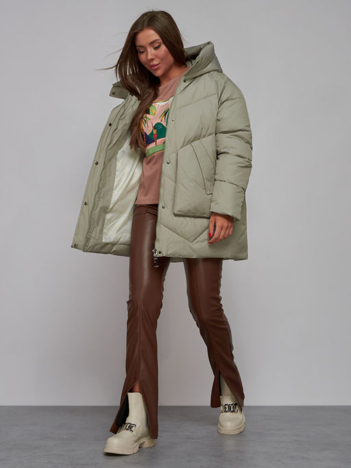 Зимняя женская куртка модная с капюшоном светло-зеленого цвета 52362ZS - HULDLUCK фото 14