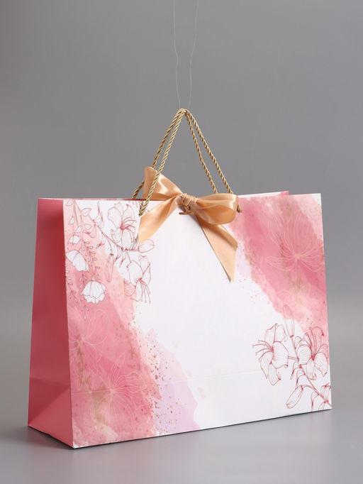 Пакет подарочный ламинированный «Мрамор», розовый с белым, с бантиком, 43×32×14 см