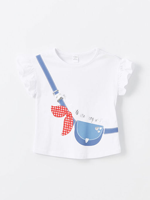 Bisiklet Yaka Bask?l? F?rf?rl? K?z ?ocuk Ti??rt