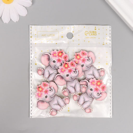 Цена за 10 шт. Декор для творчества дерево Слонёнок с цветным венком, 4.1?3.5?0.3 см