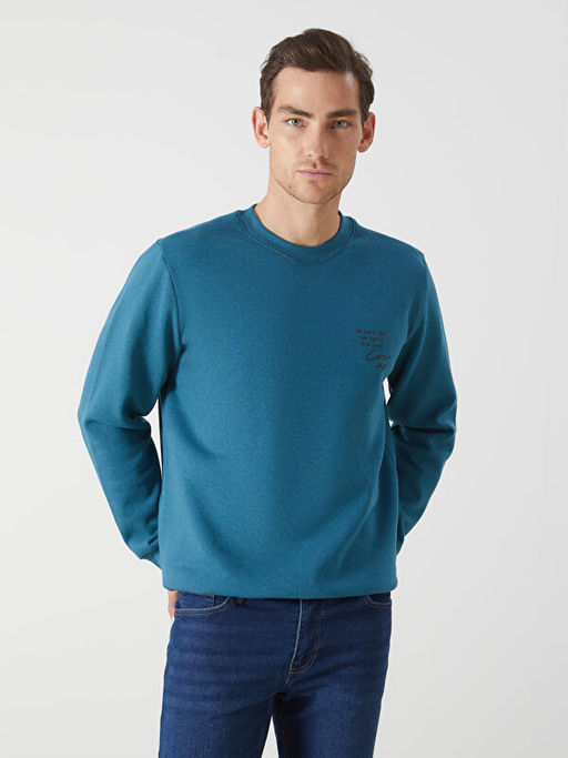 Bisiklet Yaka Uzun Kollu Bask?l? Erkek Sweatshirt